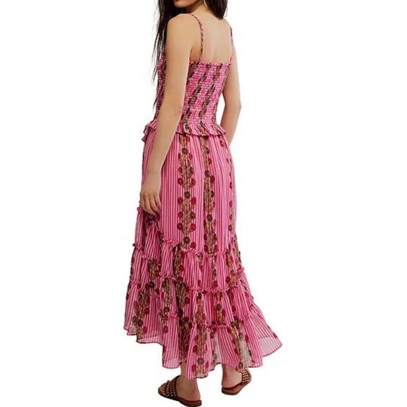 Free People Alejandra Midi Dress Smocked Tiered Ruffled Print Pink Size S *Flaw - Picture 2 of 6